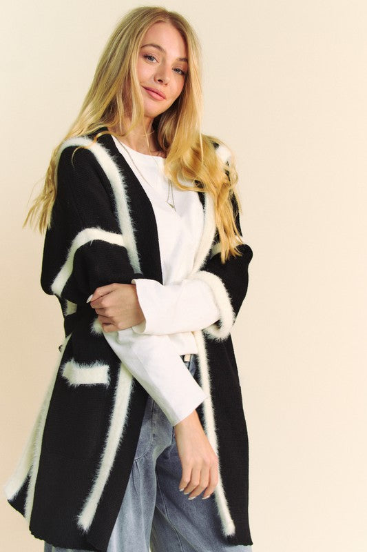 Cozy Davi & Dani fuzzy trim open front loose fit cardigan, perfect for winter season layering and online shopping.