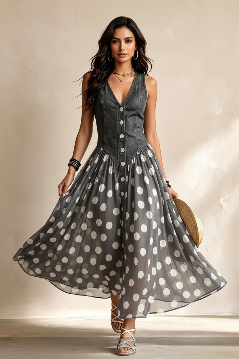 Polka Dot Sleeveless V-Neck Dress