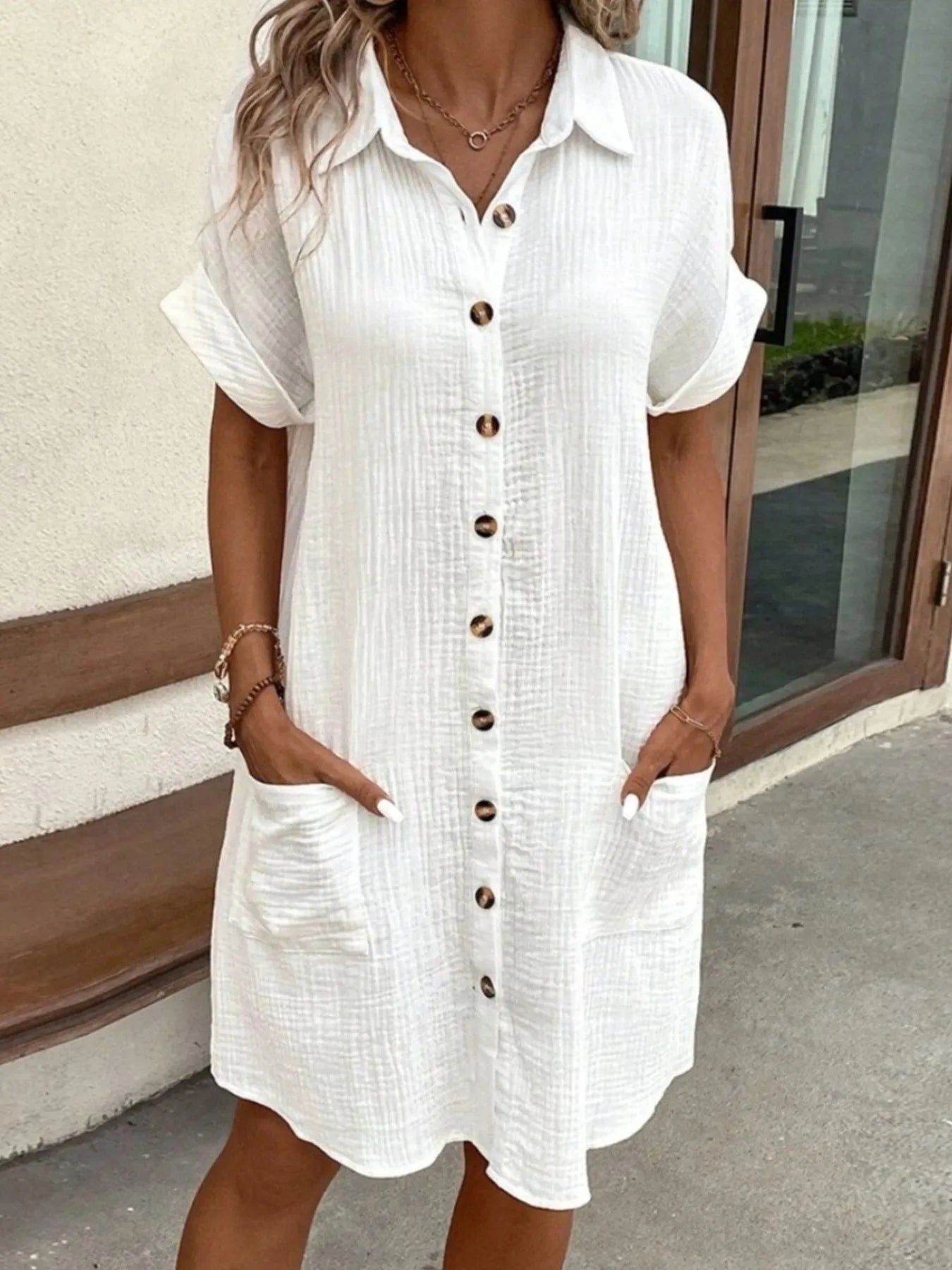 Casual Button Down Cotton Shirt Dress with Pockets White / XXL