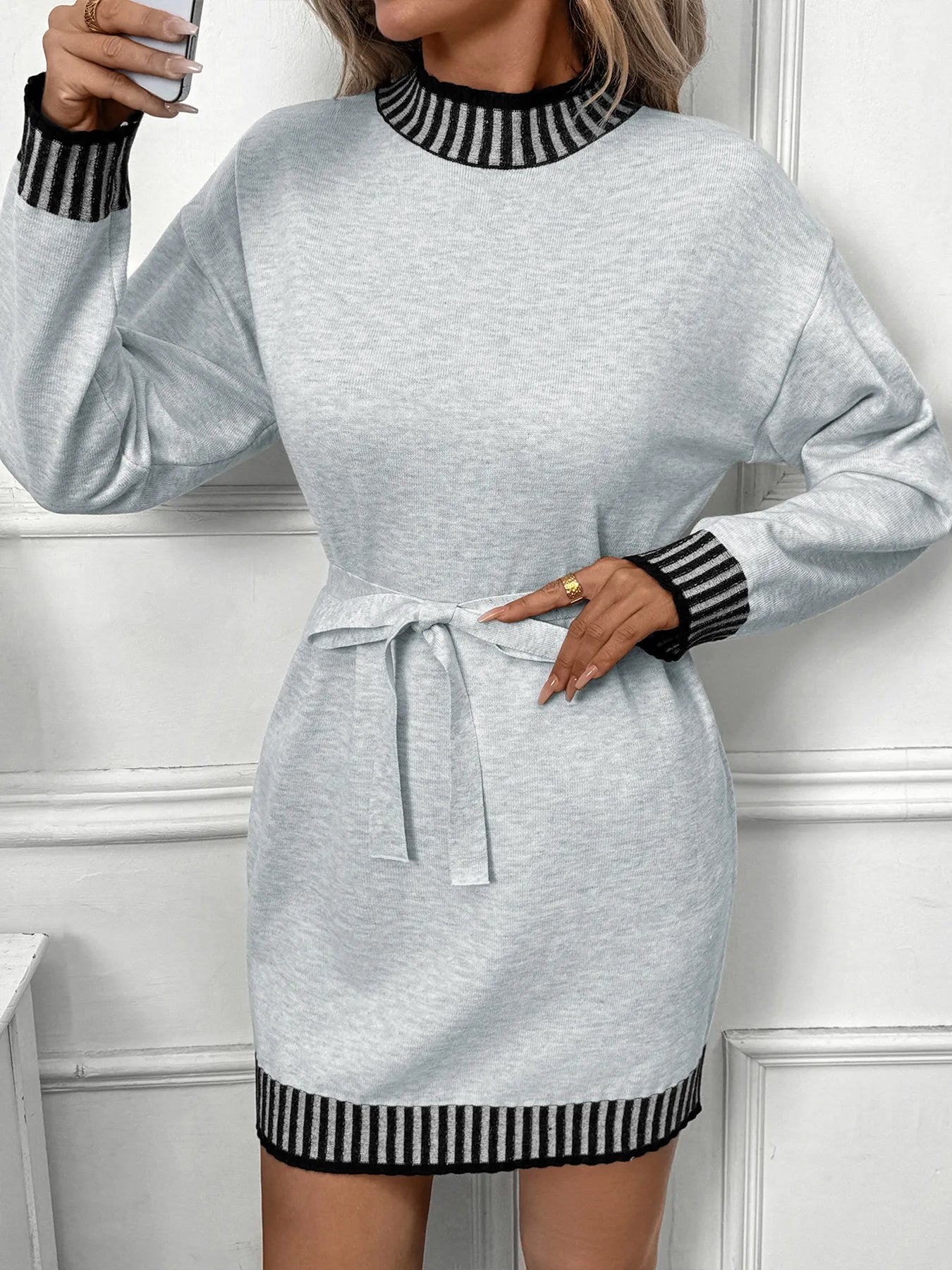 Striped Trim Tie Waist Sweater Dress Light Gray / L