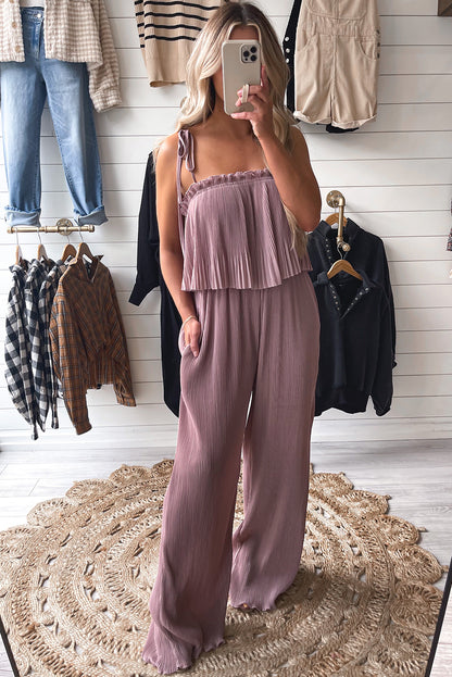 Rose Tan Solid Self Tied Straps Pleated Wide Leg Jumpsuit