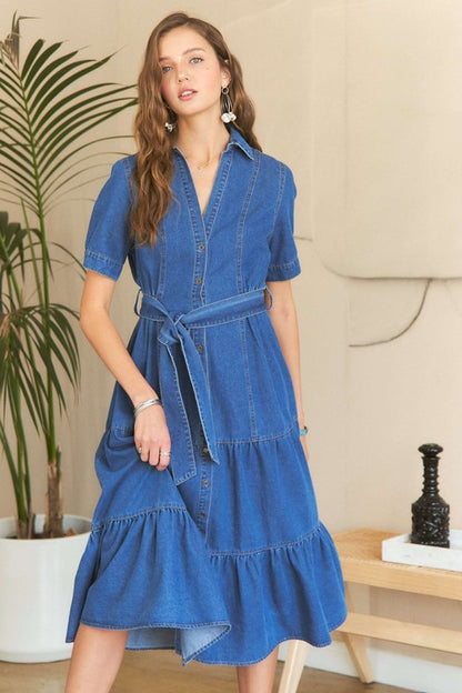 ADORA Tiered Button Down Tie Waist Short Sleeve Denim Dress