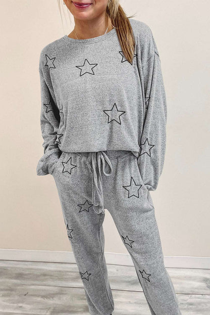 Black Stars Print Long Sleeve Top and Drawstring Pants Set