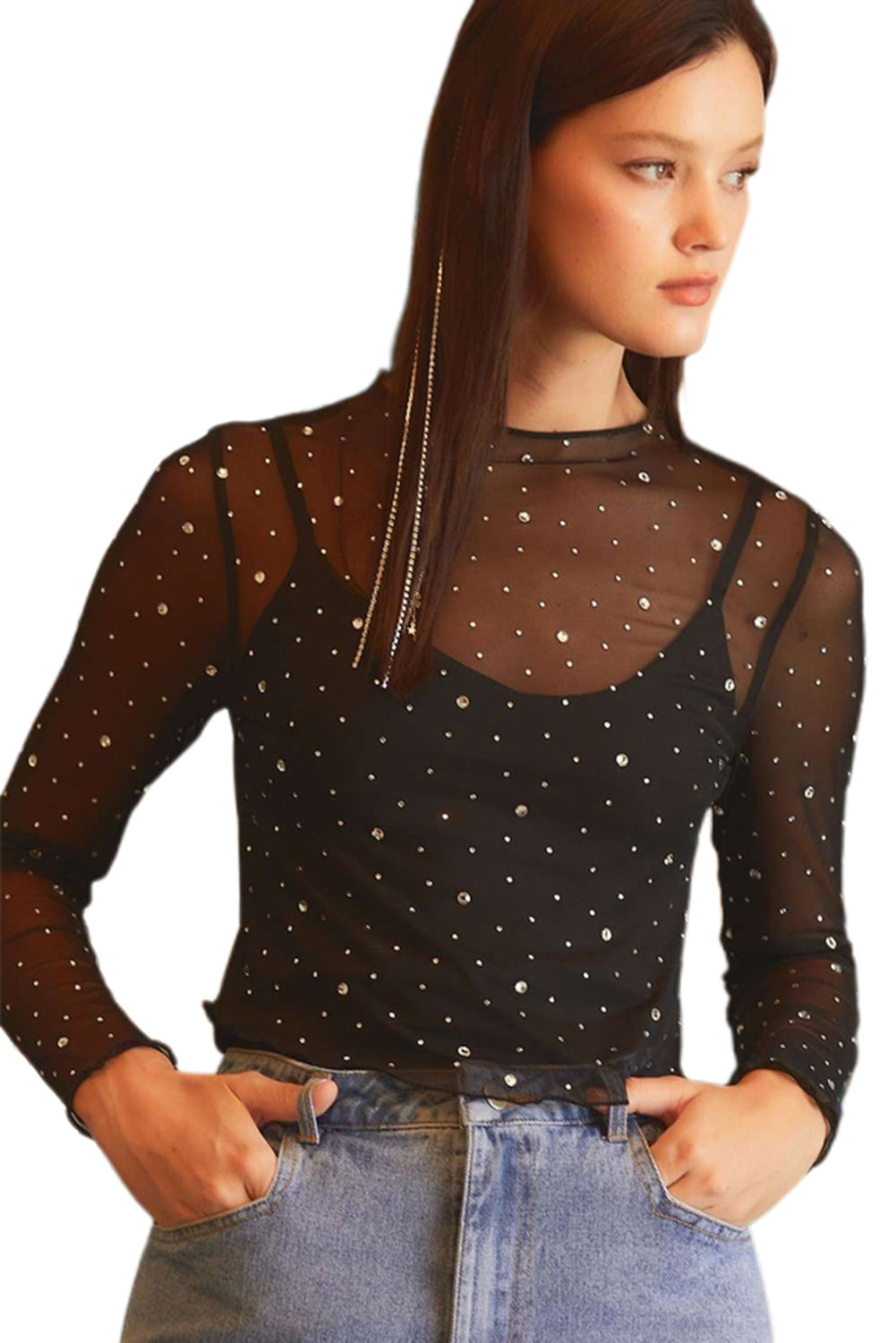 Black Rhinestone Cropped Mesh Top