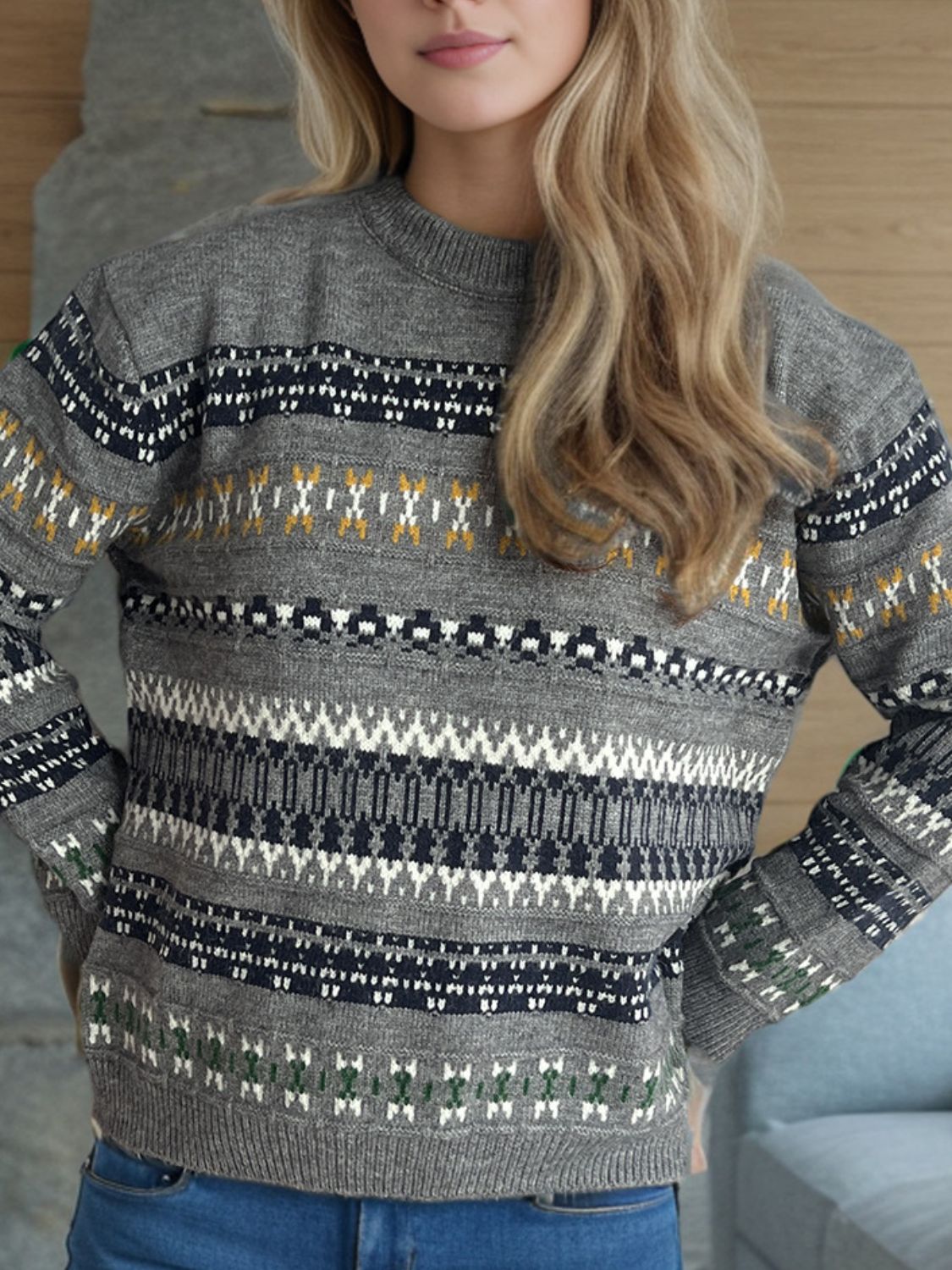 Geometric Round Neck Long Sleeve Sweater