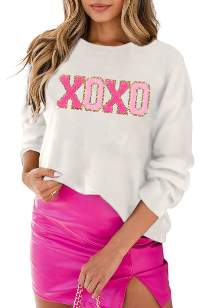 White XOXO Chenille Letter Round Neck Casual Sweater