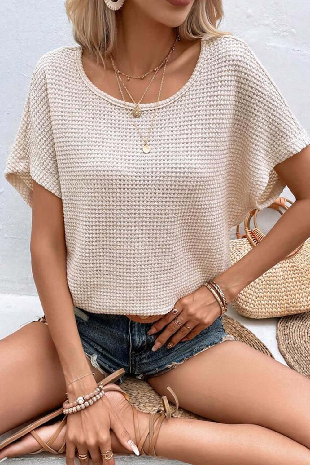 Apricot Textured Knit Draped Back Batwing Sleeve Tee