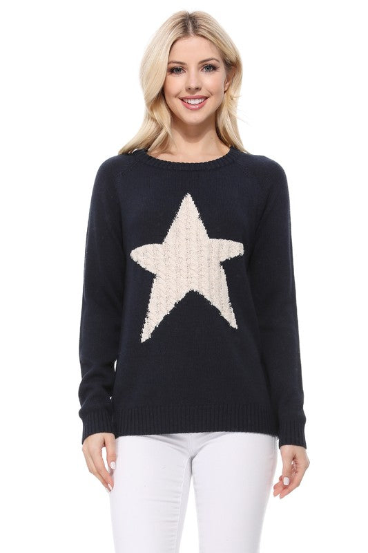 Suéter tipo jersey con cuello redondo y jacquard con estrellas lindas