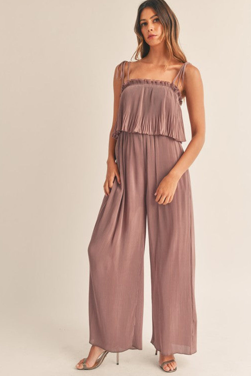 Rose Tan Solid Self Tied Straps Pleated Wide Leg Jumpsuit