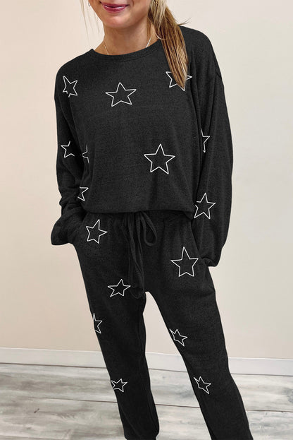 Black Stars Print Long Sleeve Top and Drawstring Pants Set