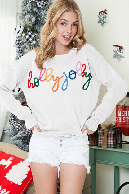 White XOXO Chenille Letter Round Neck Casual Sweater