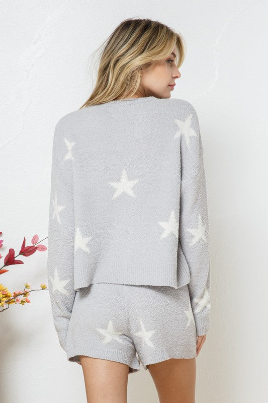 Conjunto de pantalón corto y top con estampado de estrellas de manga larga suave