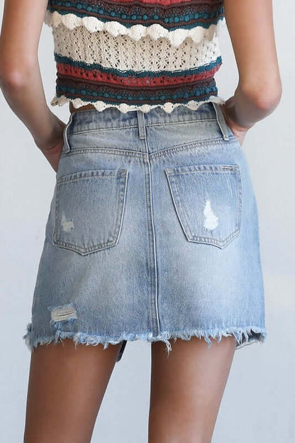 Split Middle Ripped Raw Hem Denim Skirt