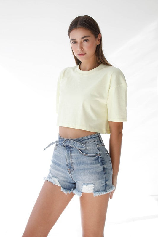 Ribbon Tie Frayed Denim Shorts