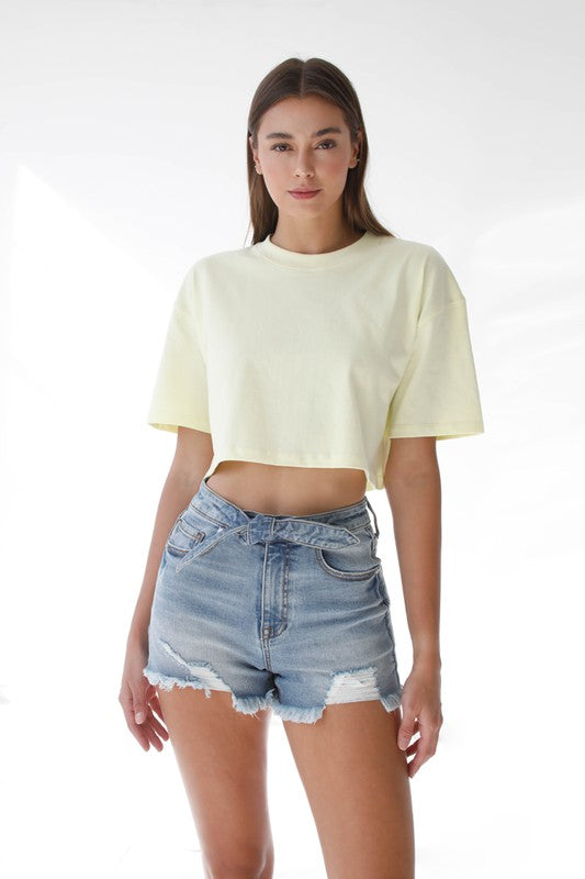 Ribbon Tie Frayed Denim Shorts