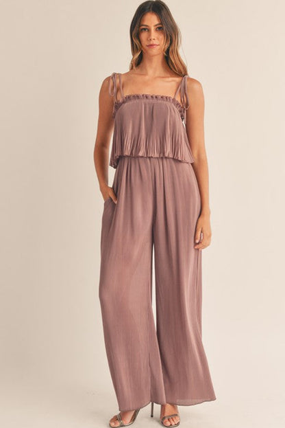 Rose Tan Solid Self Tied Straps Pleated Wide Leg Jumpsuit