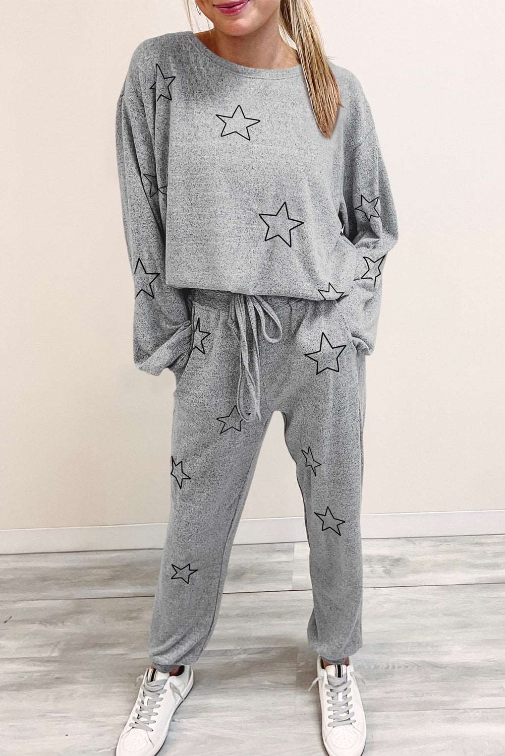 Black Stars Print Long Sleeve Top and Drawstring Pants Set