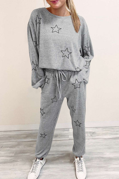 Black Stars Print Long Sleeve Top and Drawstring Pants Set