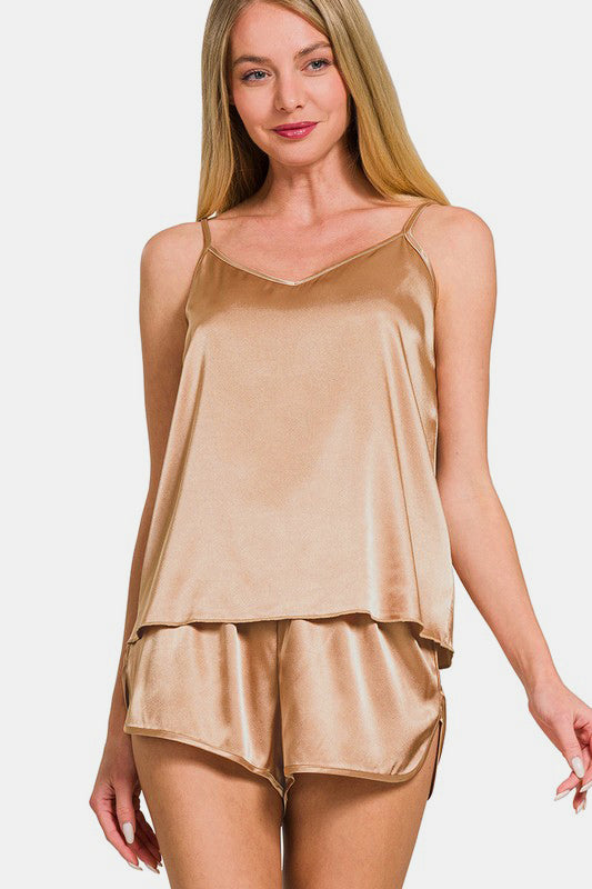 Zenana V-Neck Satin Cami and Elastic Waist Shorts Lounge Set