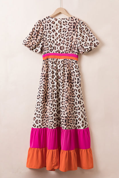 Full Size Leopard V-Neck Half Sleeve Maxi Dress Leopard / S