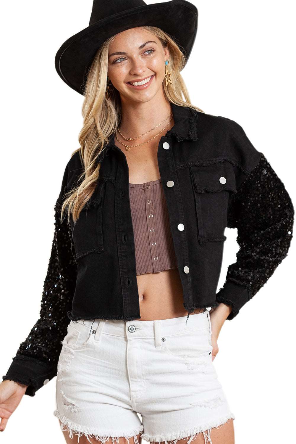 Black Sequin Sleeve Pocketed Raw Hem Denim Jacket