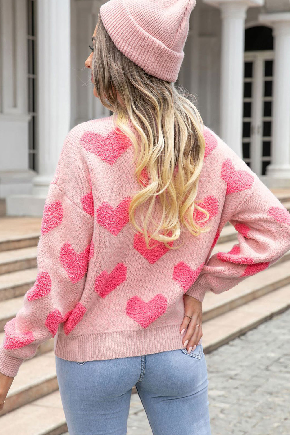 Suéter de punto jacquard con corazón de San Valentín rosa claro