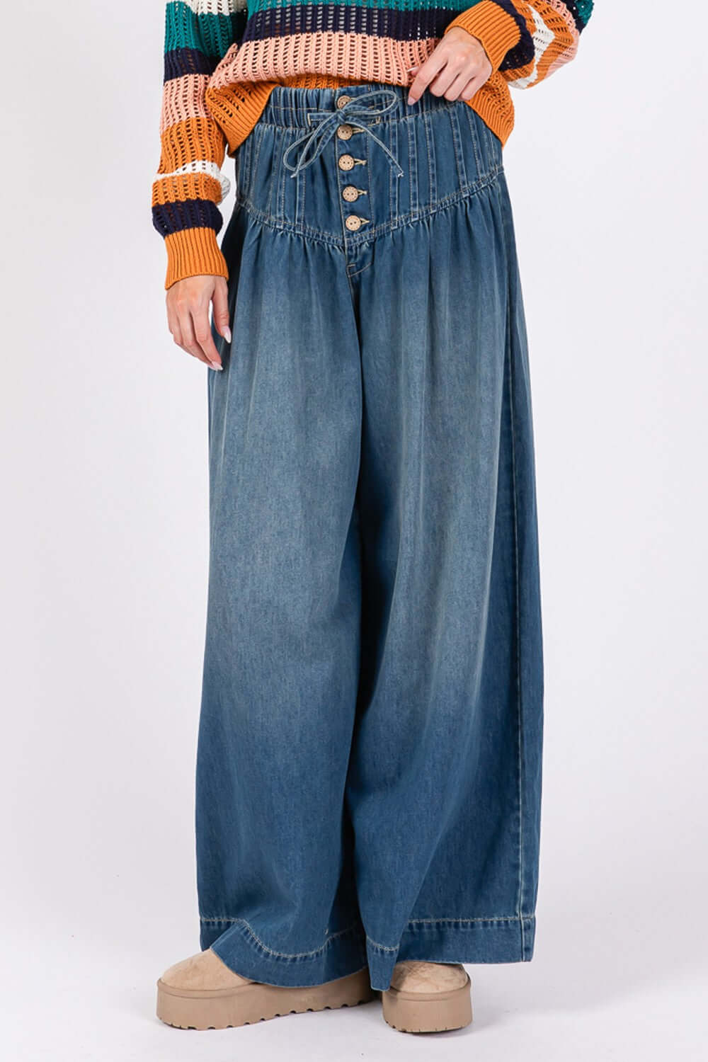 SAGE+FIG Smocked Waist Band Wide Leg Jeans