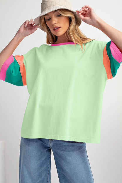 Light Blue Color Block Sleeve Round Neck Oversize Top