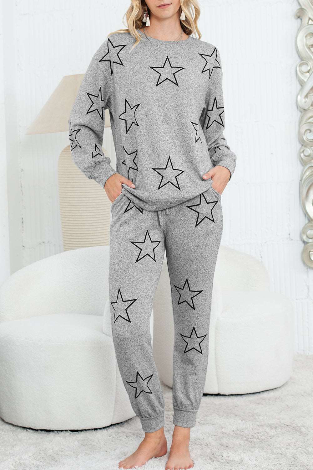 Black Stars Print Long Sleeve Top and Drawstring Pants Set