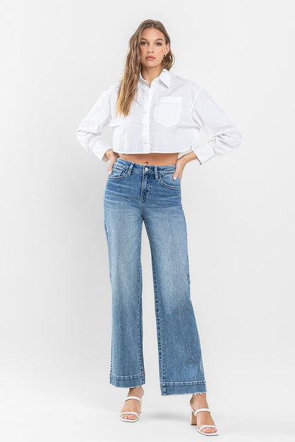 High Rise Wide Leg Jeans with Trouser Hem Detail