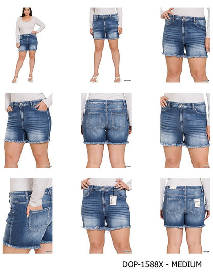 Plus Mid Rise Raw Frayed Hem Denim Shorts