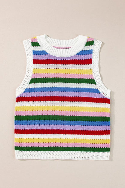 Women Striped Knitted Eyelet Slim Sweater Vest