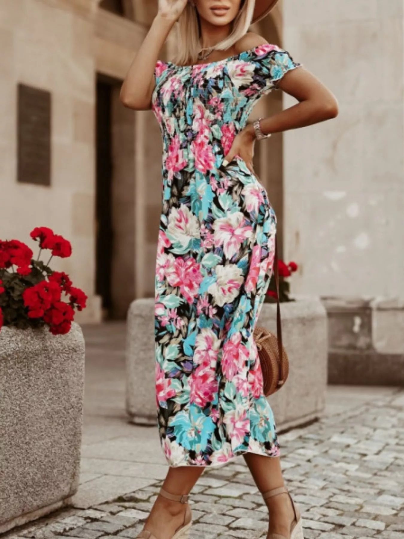 floral cold shoulder midi dress Olivaceous-Blue Floral Midi Dress