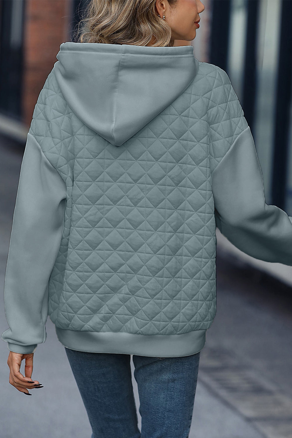 Light Grey Drop Shoulder Kangaroo Pocket Patchwork Quilted Hoodie