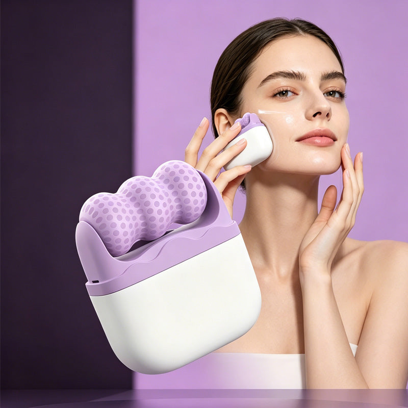 Ice roller set for facial skincare with a woman using a purple massage device on her face.