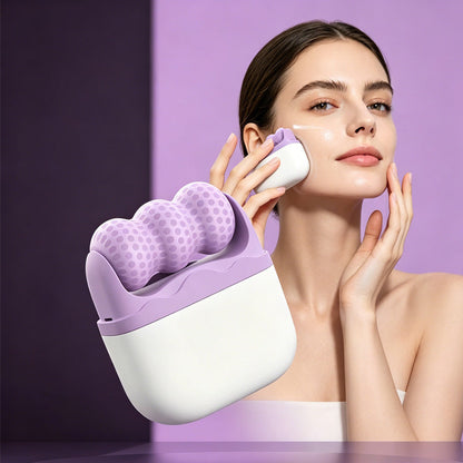 Ice roller set for facial skincare with a woman using a purple massage device on her face.