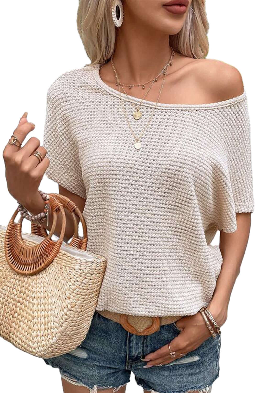 Apricot Textured Knit Draped Back Batwing Sleeve Tee