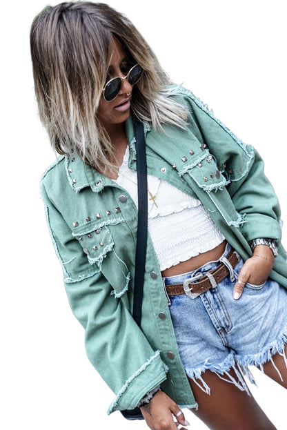 Green Frayed Trim Vintage Rivet Denim Jacket