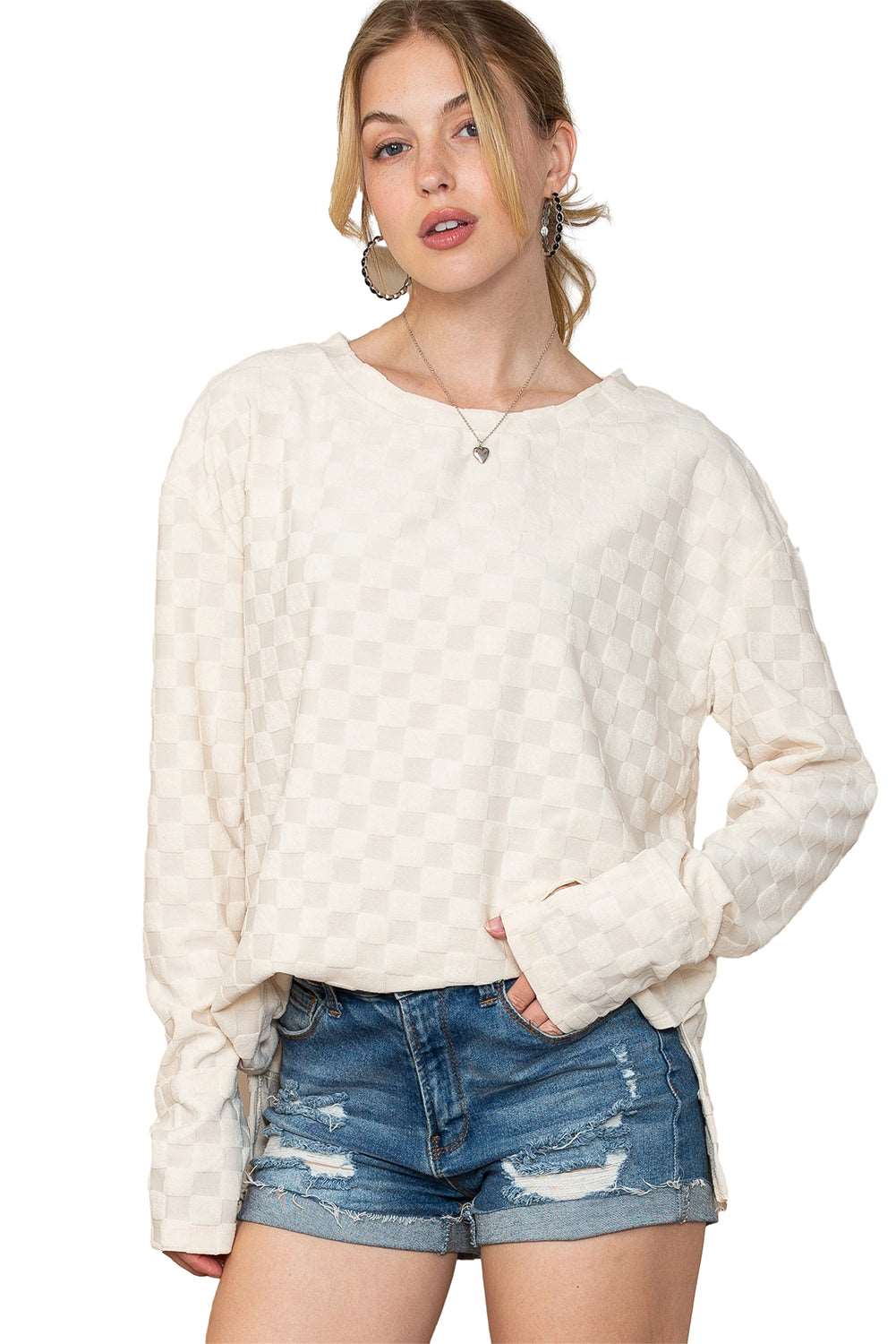 Beige Checkered Furry Thumbhole Long Sleeve Top