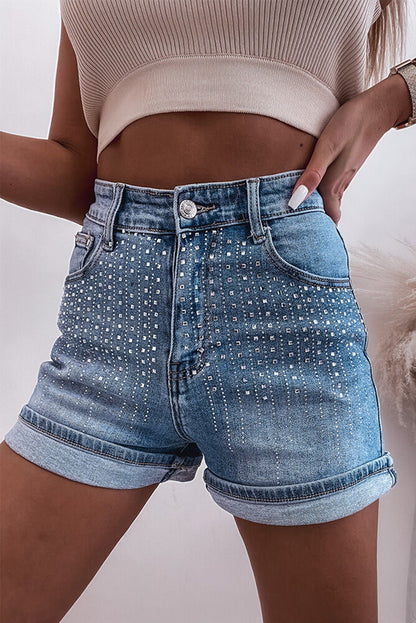 Shorts vaqueros de cintura alta con diamantes de imitación