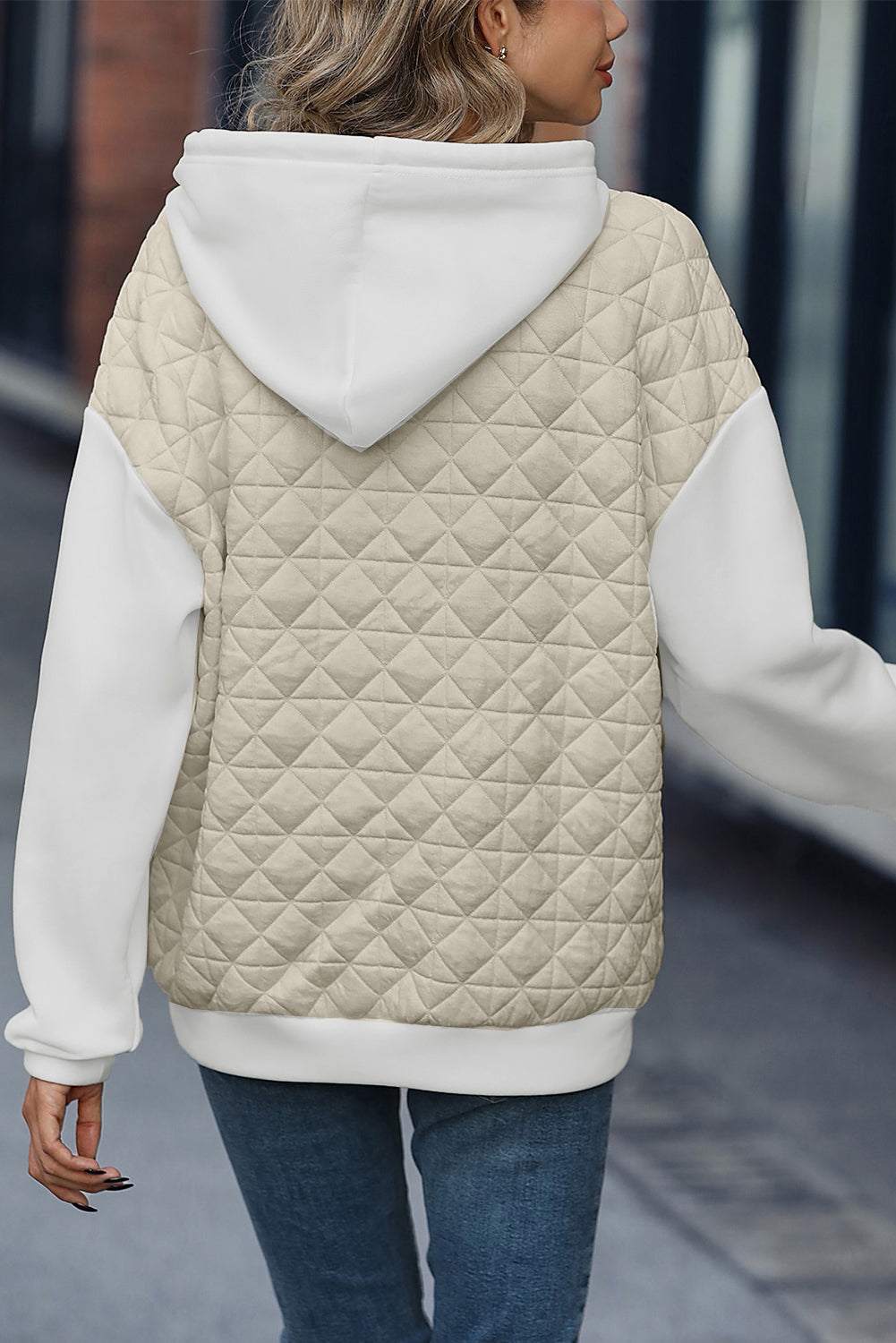 Light Grey Drop Shoulder Kangaroo Pocket Patchwork Quilted Hoodie