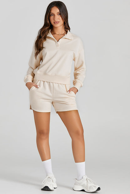 Apricot Casual High Neck Henley Top and Short Outfit