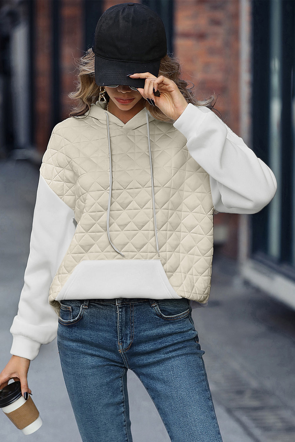 Light Grey Drop Shoulder Kangaroo Pocket Patchwork Quilted Hoodie