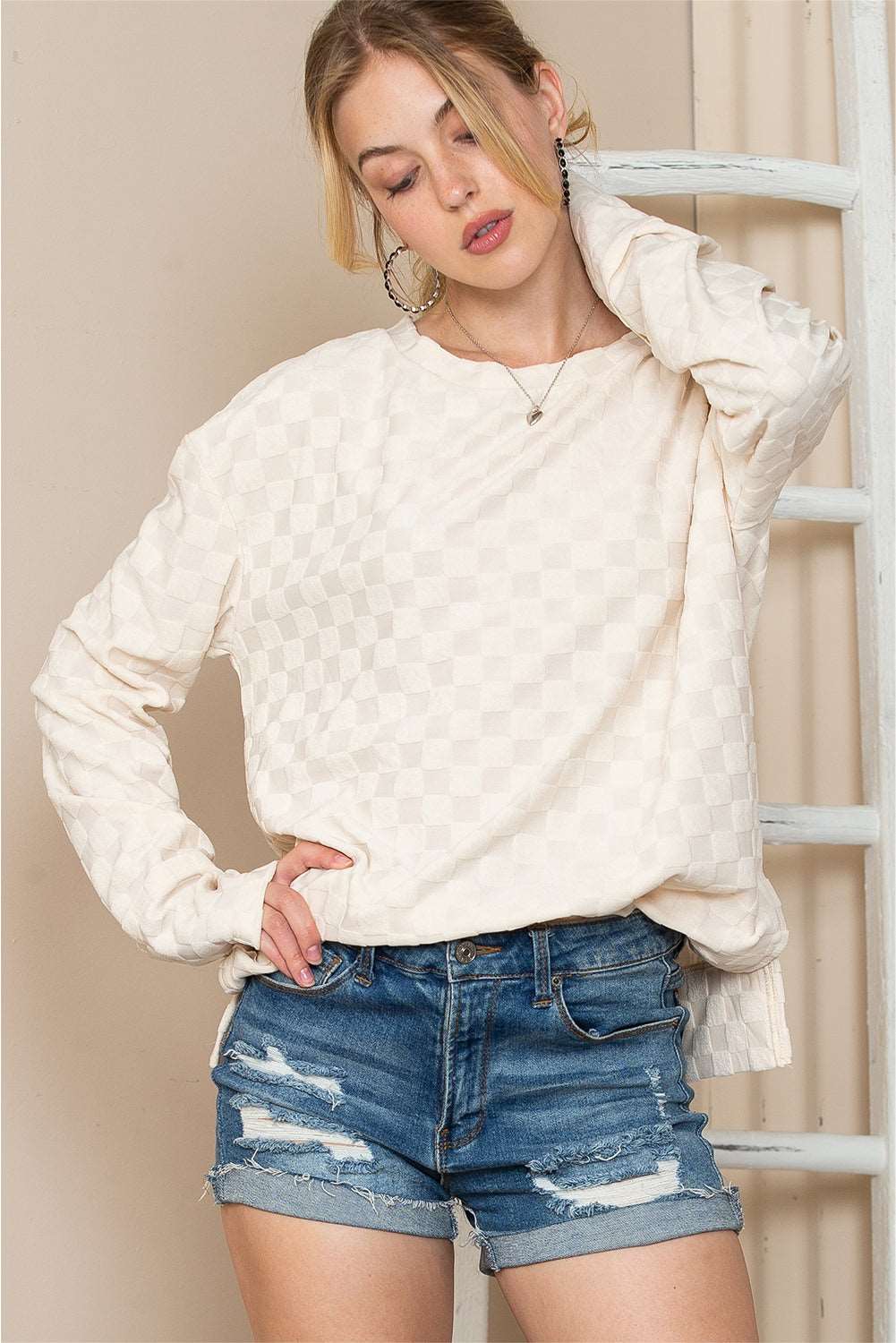 Beige Checkered Furry Thumbhole Long Sleeve Top