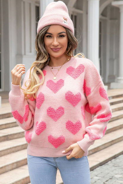 Suéter de punto jacquard con corazón de San Valentín rosa claro