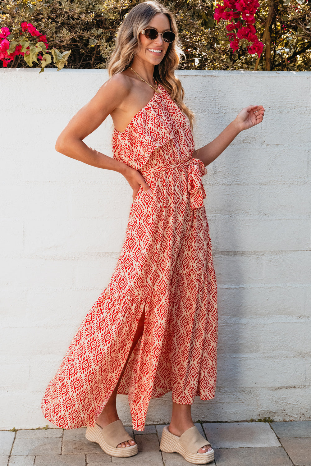 Fiery Red Boho Geometric Print One Shoulder Side Slit Maxi Dress