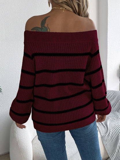 Striped Off-Shoulder Long Sleeve Sweater