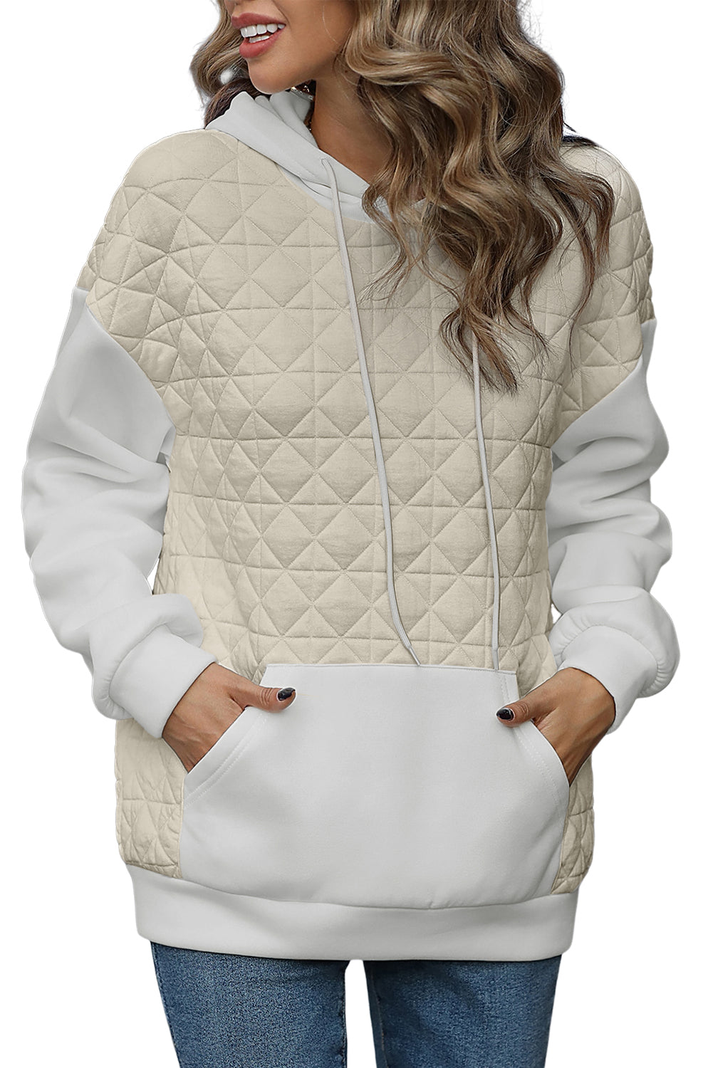 Light Grey Drop Shoulder Kangaroo Pocket Patchwork Quilted Hoodie