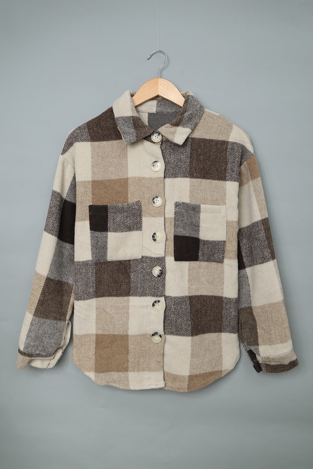 Khaki Plaid Color Block Buttoned Pocketed Shacket