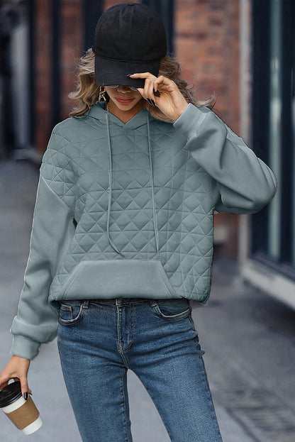 Light Grey Drop Shoulder Kangaroo Pocket Patchwork Quilted Hoodie